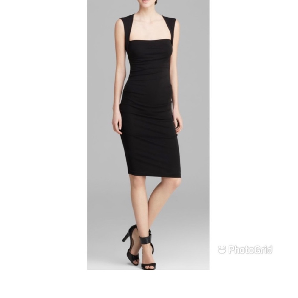 Nicole Miller - black ruched cocktail dress with cutout back and square neck